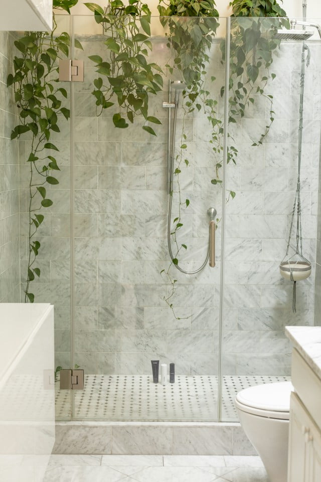 vine plant decor hanging in glass shower stall 