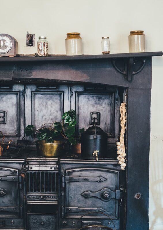 iron stove and rustic oven in home