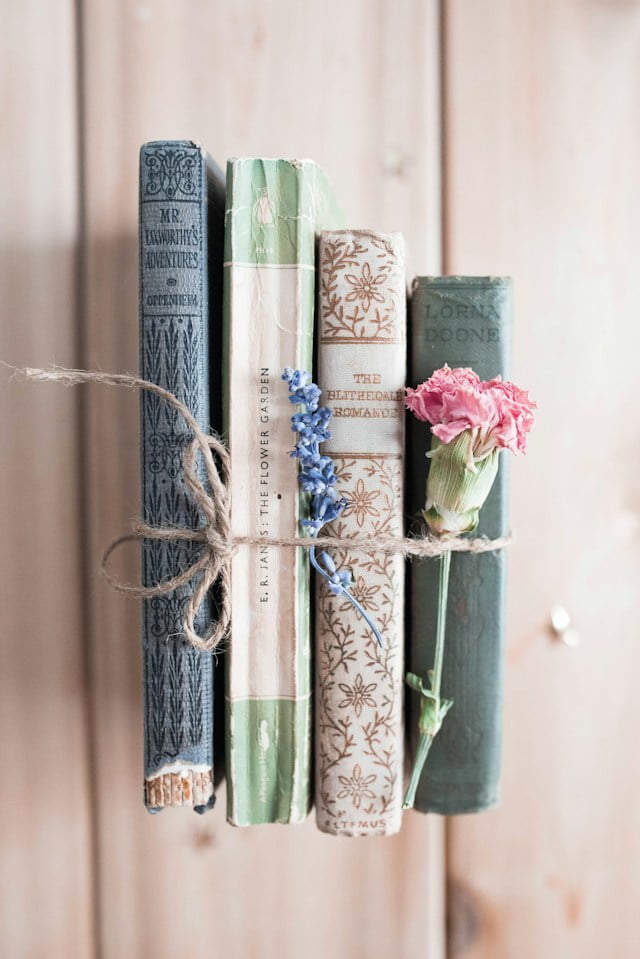 Spring coffee table decor book stack