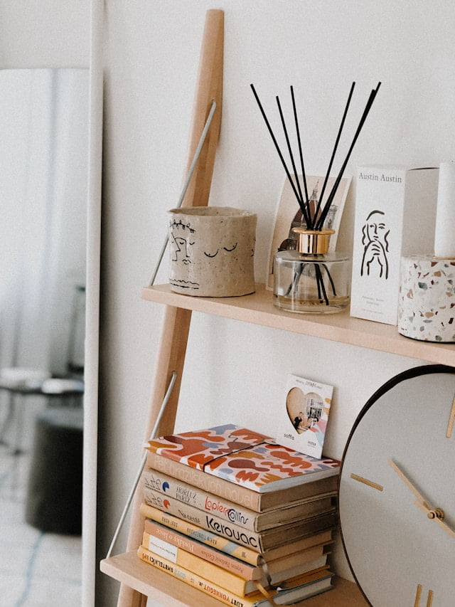 ladder bookshelf styles with books and incense