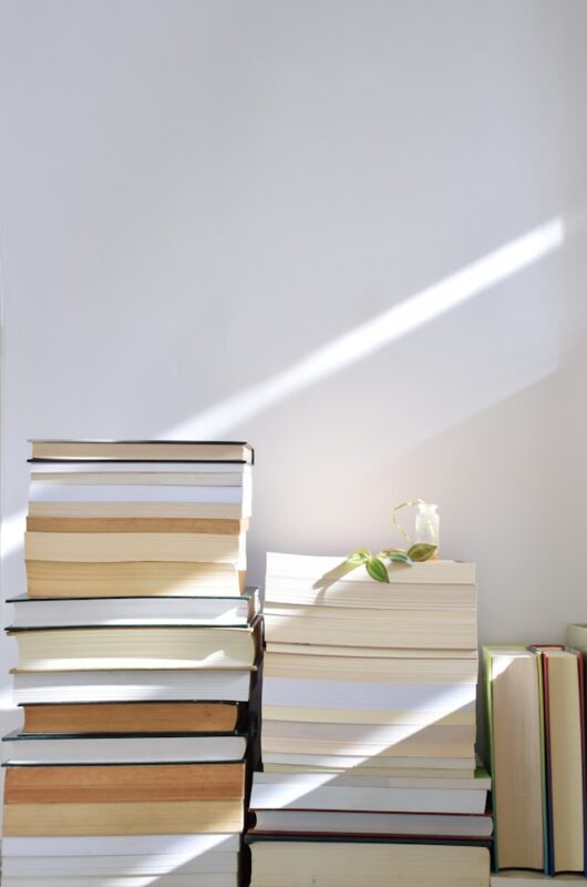 stacks of books with their spines facing a white wall