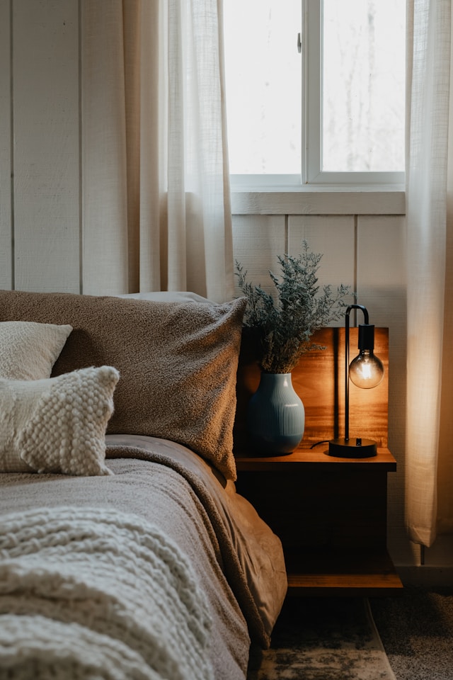 Bedroom lighting with lamp on nightstand