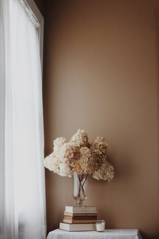 quiet luxury home decor potted flower sitting on book stack