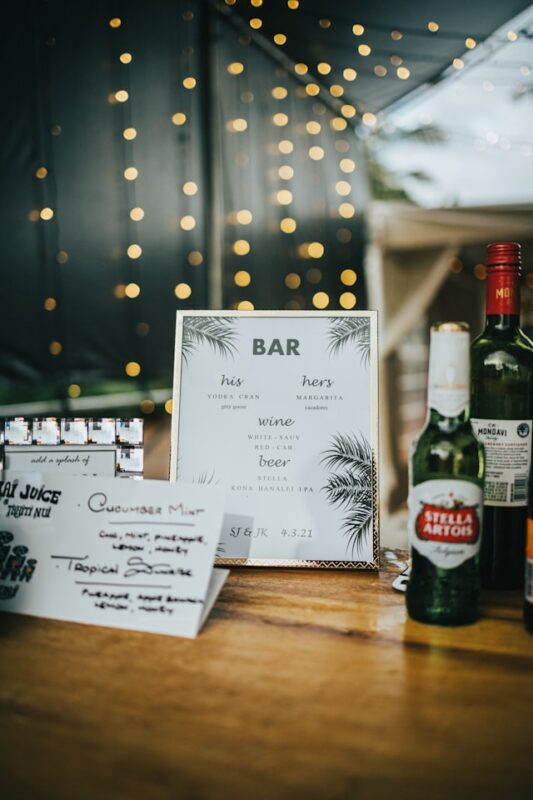 bar menu signs on wooden table 