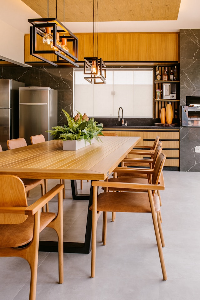 modern and brown wood kitchen and dining room