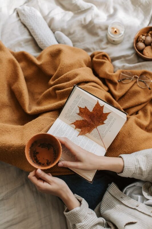 cozy reading nook with orange blanket and open book 