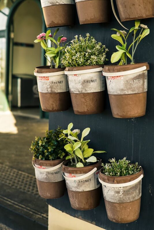 hanging herb garden in brown and tan pots