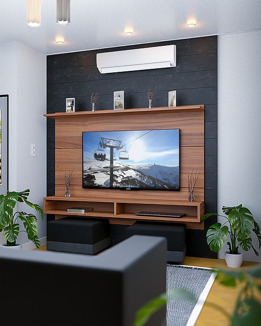 tv showing a snow lift hanging on a wooden wall in a modern living room