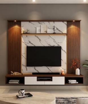 blank tv hanging on marble wall beside wood paneling